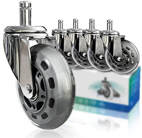 3/75mm Silent PU Swivel Casters Wheels for Office Chairs (Load 250kg/5pcs) - M11x22mm Swivel Stem Without Brake - Replacement Casters for Hard Floors - Universal Swivel Wheels (Grey)