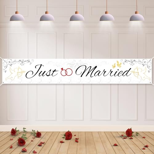 Koliphy Just Married Deko, Stoff Banner für Hochzeit Fest, Liebesgeständnis, Valentinstag, Heiratsantrag, Brautdusche & Junggesellinnenabschied Dekoration (180 x 30cm)