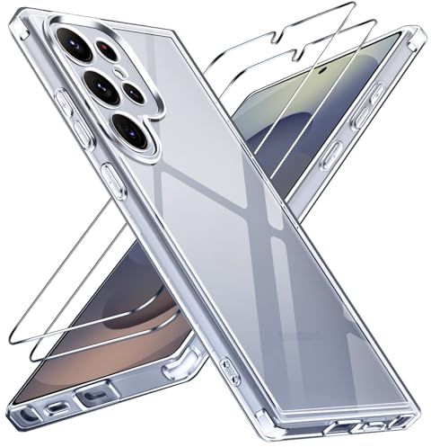 ivoler Nie Vergilbung Klar Hülle für Samsung Galaxy S25 Ultra 5G, 1 Handyhülle mit 2 Stück Panzer Schutz Glas, [Militärischer Schutz] Stoßfest Transparent Schutzhülle Dünn Durchsichtige Case