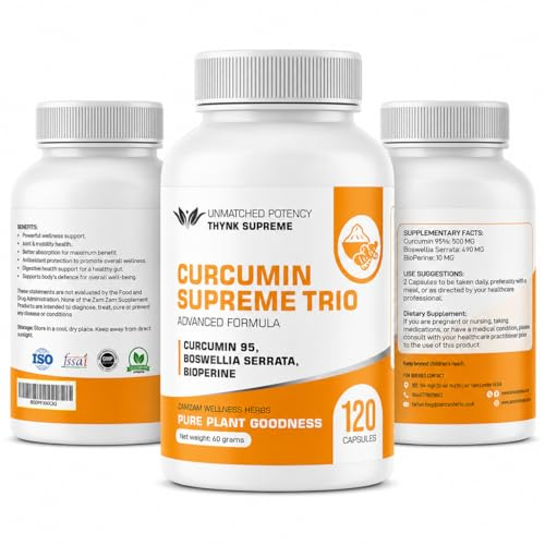 Curcumin Supreme Trio with 95% Curcumin, Boswellia Serrata & BioPerine® | Natural Joint, Mobility & Immune Support | Anti-Inflammatory Turmeric Supplement | 120 Vegan Capsules