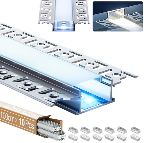 GEEKLUX 10 x LED Profil für Trockenbau, Aluminium Profil 1 m (Gesamt 10 m), mit Halbdurchsichtiger Led Diffusor, für led Streifen bis 20 mm Breite oder zwei LED Streifen, Maße: 64,2 x 13,8 mm