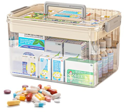 WAVATA Medikamenten Aufbewahrung, Groß Medikamentenbox, Doppelschichtig Medikamenten Organizer, Hausapotheke Box mit Griffe, Medizinbox für Zuhause, 29x21x17cm (Weiß)