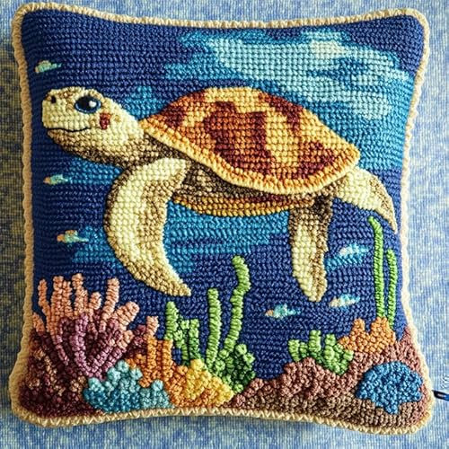 WallustrioaW Gestempeltes Kissen-Knüpf-Set,Tier Schildkröte und Seetang,Diy-Knüpf-Kissen-Set,Anfänger,Erwachsene,Geschenk Stickerei,Heimdekoration,Knüpf-Haken-Set,43x43cm
