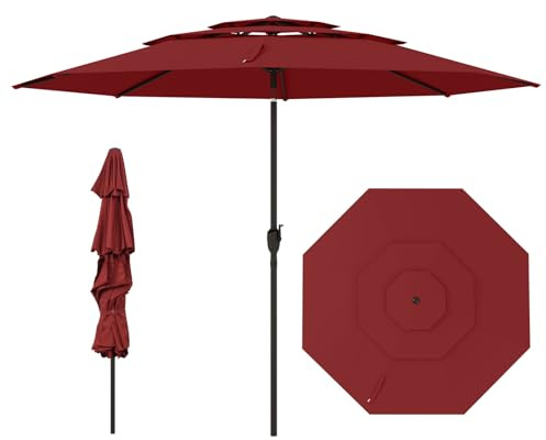 COSTWAY Parasoll vindtätt stabilt, 300 cm trädgårdsparaply med vev, böjbar på båda sidor med 30°, UV-skydd, terrassparaply, ventilerat, marknadsparaply för terrass, trädgård, balkong (vinröd)
