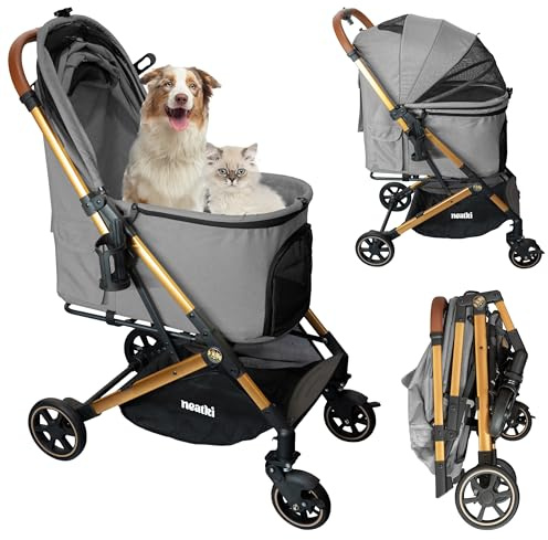 Neatki Foldable Pet Stroller for Dogs & Cats, 33 lbs Capacity (Gray-2) | One-click fold with 360° swivel front wheels, leash and lock clips, removable washable padding, and cup holder