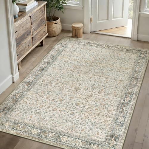 PureCozy Vintage Beige Grau Teppich 150x210cm Waschbar rutschfest für Wohnzimmer Schlafzimmer Balkon KüChe Esszimmer BüRo Flach Retro Groß Teppiche Indoor Modern Weicher Kurzflor Carpet