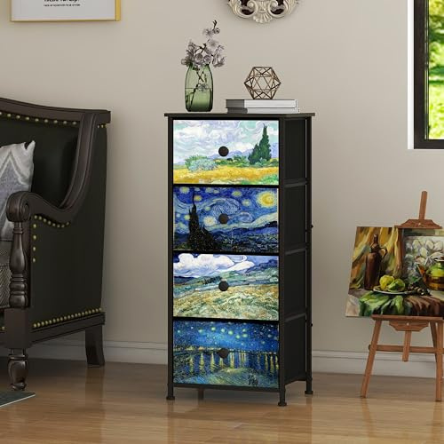 Welfuturer Chest of Drawers with 4 Fabric Drawers Van Gogh Dresser for Bedroom Vintage Nightstand End Table Storage Cabinet for Bedroom Living Room Halfway - Metal Frame