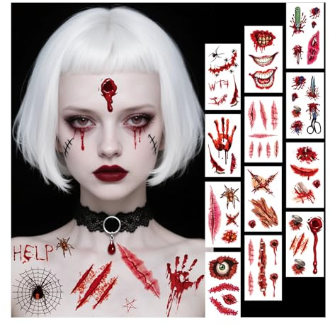 40 Blatt Halloween Tattoos, Halloween Tattoo Narben Aufkleber, Horror Zombie Gefälschte Wunden Vampir Hexe Narben Tattoo für Karneval, Party