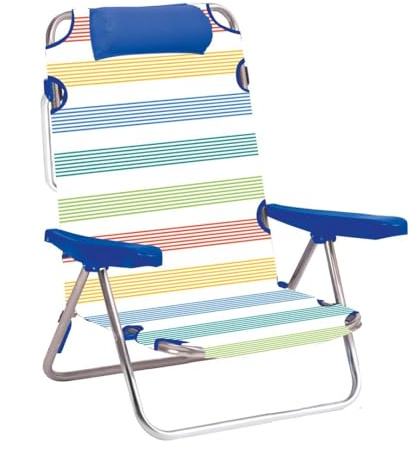 JugaToys - Silla playa plegable multiposicion - Con reposacabezas y almohadilla - Diseño a rayas - Estructura de aluminio ligera y tela transpirable - Asas de mano integradas - 25 cm altura de asiento