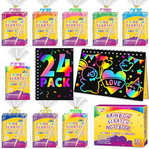 Pigipigi Kids Scratch Art Bambini, 24 Set con Quaderno Grattare, Stencil e Penna Legno - Gadget Compleanno Bambini, Regalini Fine Festa Compleanno Bambini - Lavoretti Creativi
