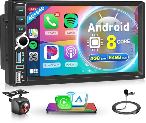 8 Core 4G+64G Inalámbrico Carplay Android Radio Coche 2 DIN con Inalámbrico Android Auto GPS Navi WiFi 7 Pulgadas Touchscreen Radio Coche con Mirror Link Bluetooth FM/RDS Radio DSP/SWC Cámara Trasera
