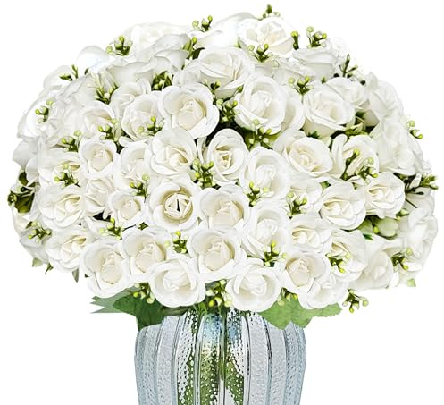 TurelinnG 6 Bündel mit Künstlichen Blumen, Künstliche Rosenstrauß enthält 90 Blütenköpfe,Kunstblumen wie echt Geeignet für Hochzeiten, Wohnzimmer und Tischdekorationen, Weiß