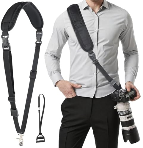 QinOustore Sangle Appareil Photo avec Attache Rapide – Bandoulière Réglable en Nylon avec Poignée, Vis 1/4 et 2 Poches – Compatible Reflex et Hybrides Canon, Nikon, Sony, Fujifilm, Olympus