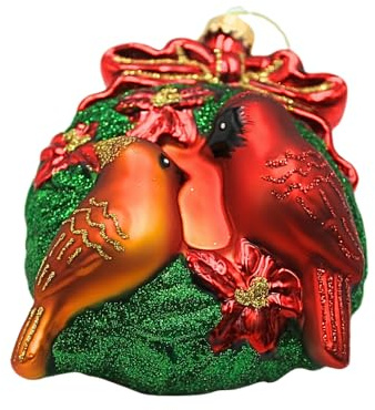 Dekohelden24 Lauschaer Christbaumschmuck - Christbaumkugel Lauscha, Weihnachtsbaumkugel, Tannenbaumkugel, Glasornament Vogelpärchen, Kardinäle in bunt, aus Lauscha, L/B/H 8 x 4 x 10 cm.