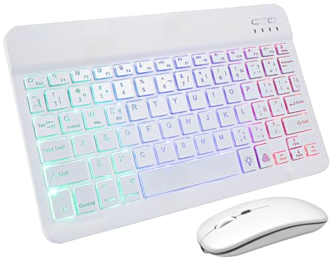 GALPADA Teclado y Ratón Inalámbricos Retroiluminados Blanco con Carga USB Teclado Portátil Silencioso para Tablet y Móvil con Pegatinas Español