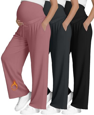 Yearntown 3 Pack Fleece Lined Maternity Pants Pregnant Lounge Pants Wide Leg Casual Sweatpants with Drawing and Pocket(Black, Charcoal Gray, Pink,X-Large)