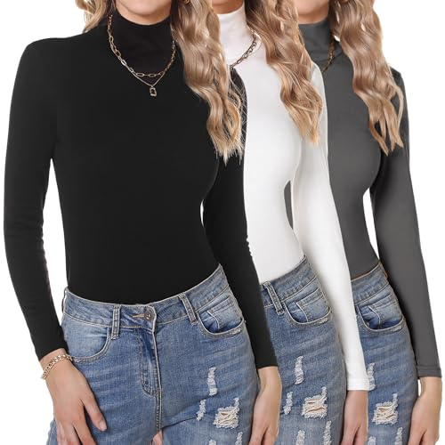 Aottori Pack 3 Camiseta Cuello Alto Mujer Manga Larga | Básico, Top, Elegante, Ropa Interior, Blusa, Shirt, Ajustado, Elástico, Sólido, Ligero, Casual, Túnica