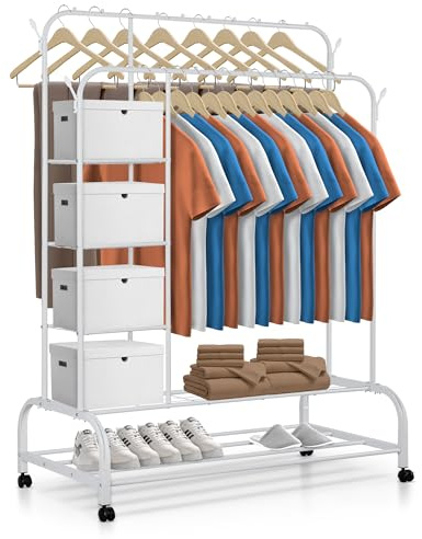 JUPPLIES Burro Ropa Resistente con Ruedas con Bloqueo y Estantes (110x56x160 cm, MAX 30 kg) – Perchero Burro Metálico con 2 Barras, 4 Estantes Laterales, Colgadores y Zapatero Doble (Blanco)