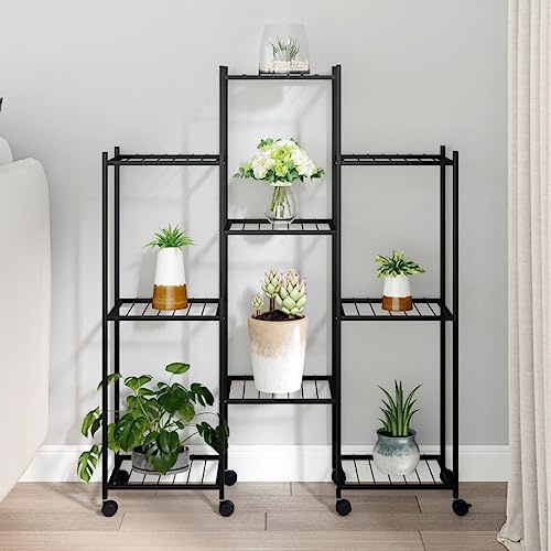 HaoChrymec Portafiori con Ruote, in Ferro Verniciato a Polvere, Design Angolare con Rotelle, Supporto per Piante, Portavasi da Balcone, per Interni ed Esterni, Colore Nero, 83 x 25 x 103.5 cm
