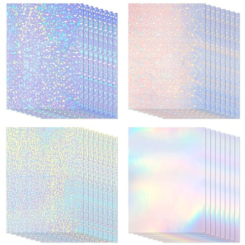 Staranry Lot de 32 Feuilles de Film A4 Adhésif Holographique Transparent, Papier Holographique Autocollant, 4 Motifs, 210 x 297 mm, pour DIY Décoration