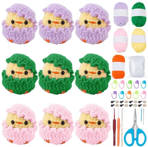 WEBEEDY 9 Sets Küken Ostereier häkeln Starter Kit für Erwachsene Anfänger mit Video-Tutorial, Cute Chicken Easy Crafts Knitting & Crochet Kit mit 5 Farben Garne, Füllung, Werkzeuge