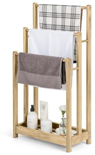 COSTWAY Freestanding Towel Rack, Solid Wood Towel Holder Drying Stand with 3 Towel Rails and Storage Shelf, Bathroom Accessory Organizer for Bath & Hand Towels, 45x22x86cm (Pine Wood, Natural)