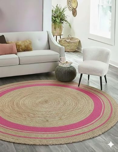 DECORAM WORLD Alfombra redonda de yute natural de 2 pies con borde rosa, tejida a mano, elegante y de aspecto suave para sala de estar y dormitorio
