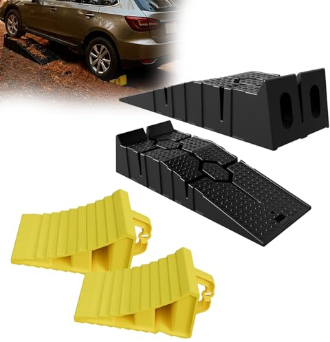 LZQ 2er-Set Kunststoff Auffahrrampe PKW KFZ Schwerlast Rampe + 2er-Set Radstopper Unterlegkeile Auto, PP Kunststoff Autorampe Laderampen + Bremskeile Radkeil für PKW Wohnmobil Anhänger, Gelb