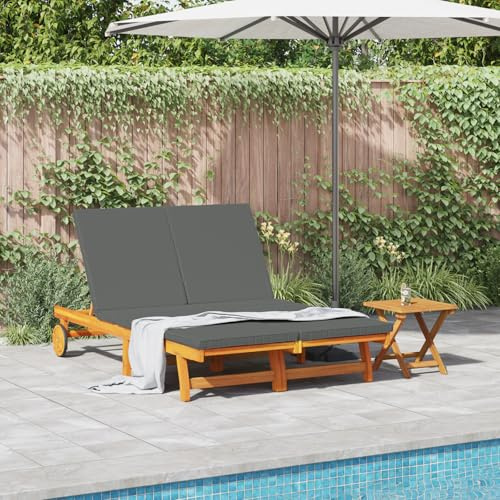 HEFZGDB Verstellbare Doppel-Sonnenliege mit Rädern und Kissen aus Massivholz Akazie, Wetterfeste Gartenliege mit Abnehmbaren Kissen und Ölbehandelter Oberfläche, Robustes