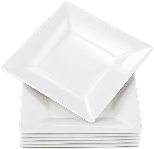 Kinmsito 6-Teiliger Quadratischer Porzellanteller, 20 Cm, Weiß | Aus Porzellan, Weiß Porzellan Speiseteller, Kleine Teller for Frühstück Dessert Salat Vorspeisen