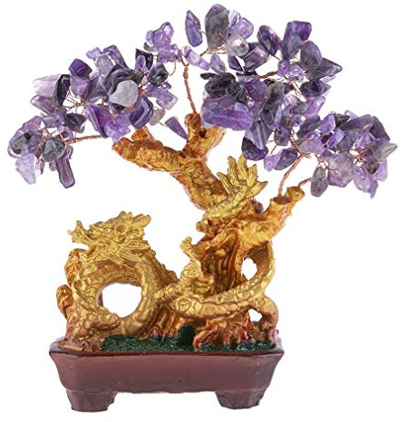 Lachineuse–Albero del Drago 19 cm–Ametista–Armonia, Ricchezza, Protezione | Albero Feng Shui decorativo in stile asiatico – Ametista viola – Portafortuna drago d'oro giapponese – Oggetto Zen