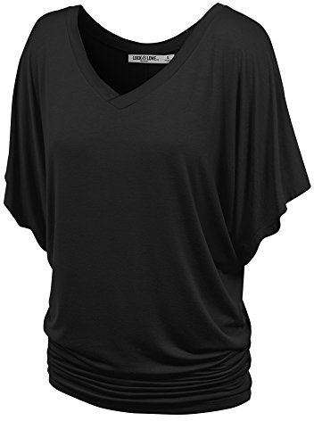 Lock and Love LL WT1038 Women's Versatile Casual Short Sleeve Dolman Top – Loose Fit V-Neck T-Shirt XXL Black