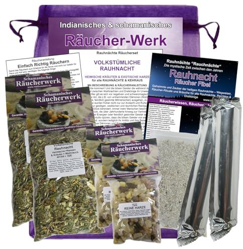 Rauhnächte VOLKSTÜMLICHE RAUHNACHT 10-TLG Räucher-Set zum räuchern mit WEIHRAUCH, MYRRHE, 20 heimische KRÄUTER. 4X Räuchermischungen. 6X Zubehör, Rauhnachtfibel, Täschchen. 81268 RZE-X4