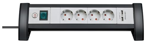 Brennenstuhl Premium Office-Line Steckdosenleiste 4-Fach mit Schalter | Mehrfachsteckdose ideal für den Schreibtisch, 1,8m Kabel, 2-fach USB 3,1 A, Made in Germany, schwarz/grau
