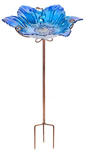MUMTOP Vogeltränke für den Außenbereich, Glas-Vogeltränke, Schüssel, Outdoor-Vogelfutterstation mit Blumenmuster mit Metallpfahl für Garten, Hof und Rasen, Dekoration (blau)