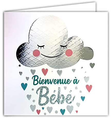 Afie Carte Carrée Argentée Bienvenue à Bébé Mixte Garçon Fille Félicitations Naissance Cœurs Nuage