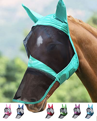 Harrison Howard CareMaster Pro Luminous Horse Fly Mask Large Eye Space Long Nose with Ears UV Protection for Horse Estate Menta (L)