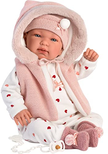 Llorens 1084440 New Born docka Tina, med blå ögon och mjuk kropp, babydocka inkl. sparkdräkt med hjärtmotiv, mössa och fluffig huvväst, 44 cm