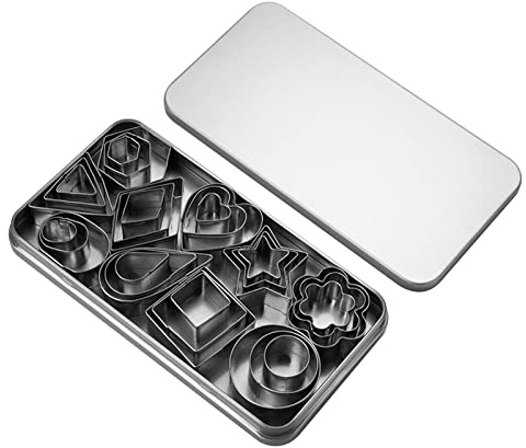 Shunfaji Lot de 30 Emporte Piece Patisserie, Moule à Biscuits en Acier Inoxydable AVCE Boîte De Rangement en Métal, Fondant Biscuit Cookie Pâtisserie en Forme De C?ur,Étoile,Cercle,Fleur,Rectangle