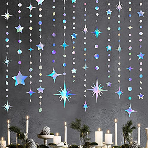 Schillernde Stern-Mond-Kreis-Punkt-Girlande-Party-Dekorations-Set Hängende Halbmond und Twinkle Little Star Streamer Banner für Kinder Erster Geburtstag Ramadan EID Mubarak deko (Iridescent Star)