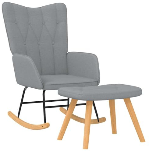 vidaXL Schaukelstuhl mit Hocker, Schwingstuhl mit Armlehne, Schaukelsessel mit Holzkufen Stahlgestell, Relaxsessel Schwingsessel Wohnzimmer, Modern, Stoff Hellgrau