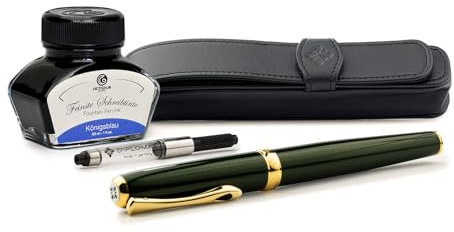 Diplomat Excellence A2 Evergreen vergoldet, Füllfederhalter im Set mit Stiftetui aus Leder, Schreibtinte und Konverter, Füller mit Edelstahlfeder Stärke M, Füllhalter-Set