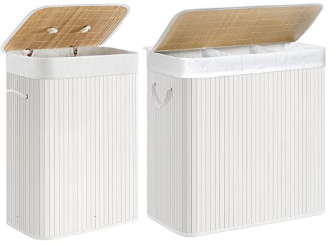 SONGMICS Wäschekorb, 150 L Wäschesammler mit 3 Fächern, 72 L Wäschebox, Wäschesack herausnehmbar, Wäschetruhe aus Bambus, Wäschesortierer mit Deckel und Griffen, faltbar, weiß LCB910W01