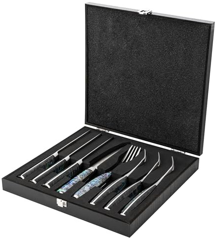 Katana Saya Pearl 8 Piece Steak Knife and Fork Set, 4X Steak Knives and 4X Forks, Japanese 67-Layer VG-10 Damascus Stainless Steel, Acrylic Handle with Abalone Pattern, Kitchen Knife