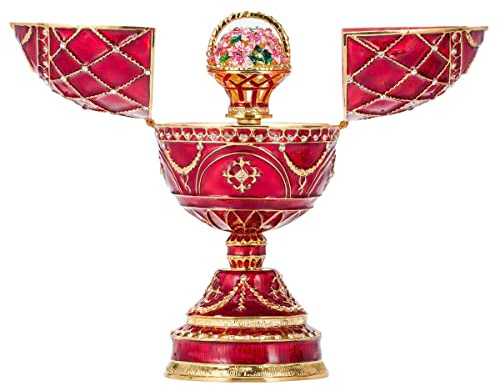 danila-souvenirs Fabergé-Stil Ei Spieluhr Schmuckkästchen mit Korb der Blumen 17 cm rot
