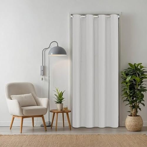 tinycurtains, Thermo Türvorhang mit Teleskopstange, einfache Montage in nur 1 Minute ohne Bohren (Türgardine weiß H210 x B150 cm + Stange weiß B55-90 cm)