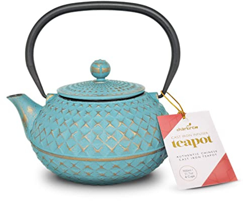 Charbrew Blue Diamond Chinese Cast Iron Teapot with Stainless Steel Tea Infuser (900ml/4.5 Cups)