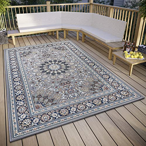 HANSE Home Kadi Tapis d'intérieur et d'extérieur Oriental tissé à Plat, Design Oriental Classique, certifié Oeko-Tex, résistant aux intempéries et aux UV, pour Balcon, terrasse, Jardin, Gris Bleu, 80