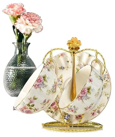 Service à Café Service à thé fleurs tasse à café en céramique Style costume tasse à thé et soucoupe à bord doré de haute qualité avec une cuillère Porcelaine Anglaise ( Size : 220ml , Color : 2 piece