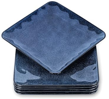 vicrays Lot de 6 assiettes carrées en céramique de 20,3 cm pour salade, dessert, apéritif, pain, passent au micro-ondes et au lave-vaisselle, bleu